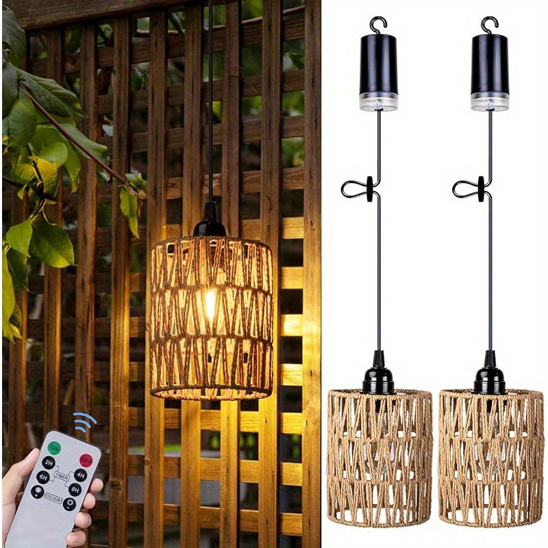 Two-Piece Battery Pendant Light Set with Woven Shades, Remote Controls and Adjustable Hanging Cords