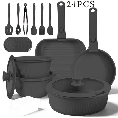 Detachable-Handle Cookware Set in 5-, 7- or 24-Piece Configurations with Stackable Pots, Pans and Lids