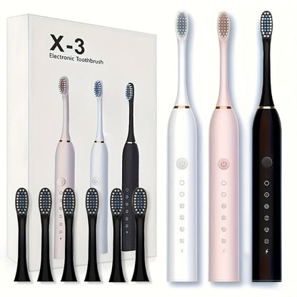 Electric Toothbrush Set with Eight Brush Heads, USB Charging, Soft Bristles and Pink, White or Black Handle