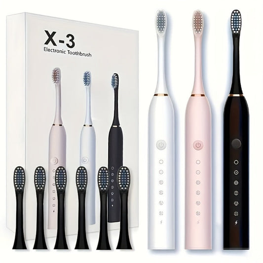 Electric Toothbrush Set with Eight Brush Heads, USB Charging, Soft Bristles and Pink, White or Black Handle