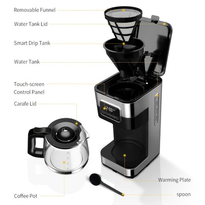 Programmable Drip Coffee Maker 10-Cup Touchscreen Pause and Serve Stainless Steel Carafe Keep Warm Auto Shut-Off for Home Kitchen Office Black