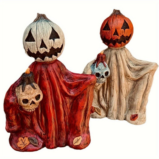 Halloween Pumpkin Wizard Resin Figurine 2-Pack – Spooky Desktop Ornament & Bookshelf Decor, Skeleton Gnome Tabletop Statue for Halloween Home Decor & Seasonal Display