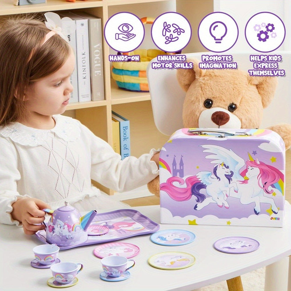 Purple Unicorn Tin Tea Set in Carry Case with Teapot, Four Cups, Four Saucers and Five Plates