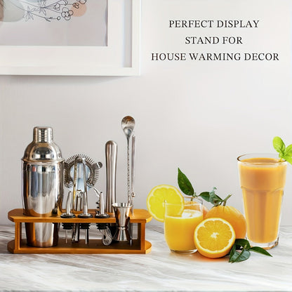 Cocktail Shaker Tool Set with Bamboo-Look Organizer, Jigger, Strainer, Muddler and Pouring Accessories