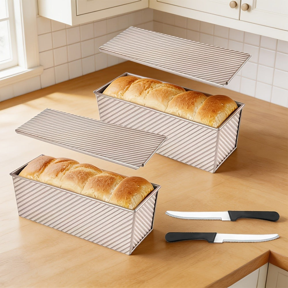 Pullman Loaf Pan with Lid, Extra Large 12.3x4.7x4.3 Inch Sandwich Bread Pan with Vent Holes, Nonstick Carbon Steel Toast Pan with Bread Knife, Square Loaf Pan for Sandwich Bread, Black or Gold