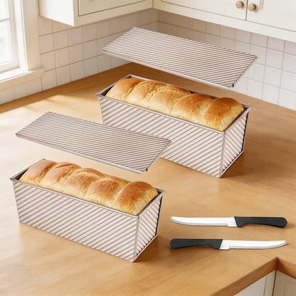 Pullman Loaf Pan with Lid, Extra Large 12.3x4.7x4.3 Inch Sandwich Bread Pan with Vent Holes, Nonstick Carbon Steel Toast Pan with Bread Knife, Square Loaf Pan for Sandwich Bread, Black or Gold