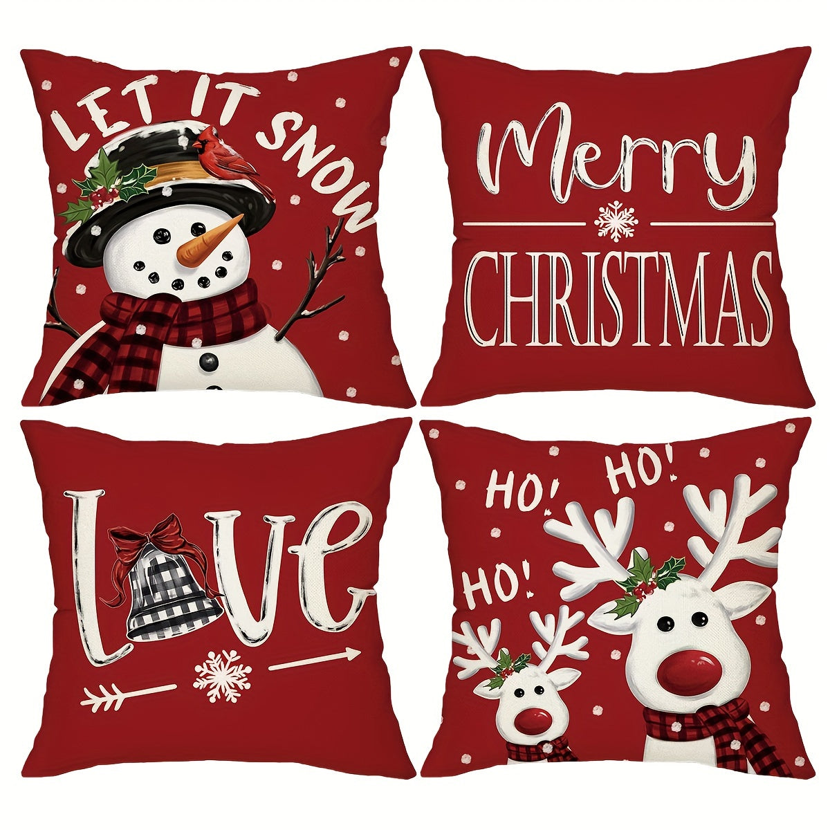Four-Piece Christmas Pillow Cover Set, 17.72 x 17.72 Inches with Reindeer, Snowman and Holiday Typography