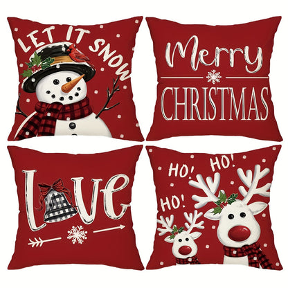 Four-Piece Christmas Pillow Cover Set, 17.72 x 17.72 Inches with Reindeer, Snowman and Holiday Typography
