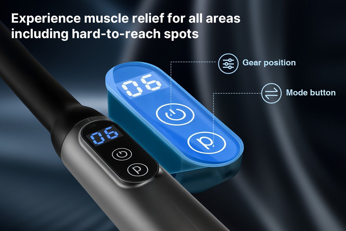 U-Shaped Massage Gun with Four Pictured Heads, 6-Level and 3-Mode Labels, Grey Finish and Long-Reach Housing