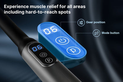 U-Shaped Massage Gun with Four Pictured Heads, 6-Level and 3-Mode Labels, Grey Finish and Long-Reach Housing