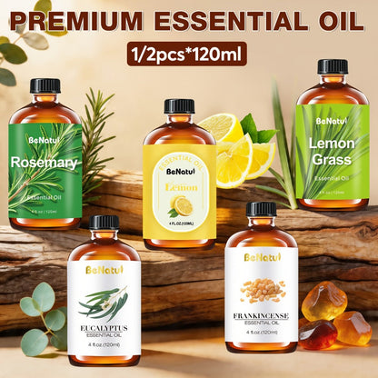 120ml Essential Oil Bottle with Frankincense, Lemon, Lemongrass or Rosemary Labels and 1- or 2-Bottle Options