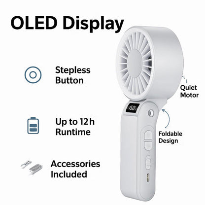 Handheld Fan USB-C Rechargeable 150-Speed Stepless Adjustable Turbo Fan LED Display Foldable Wearable Neck Desk Fan for Outdoor Travel Office Camping Black White Yellow