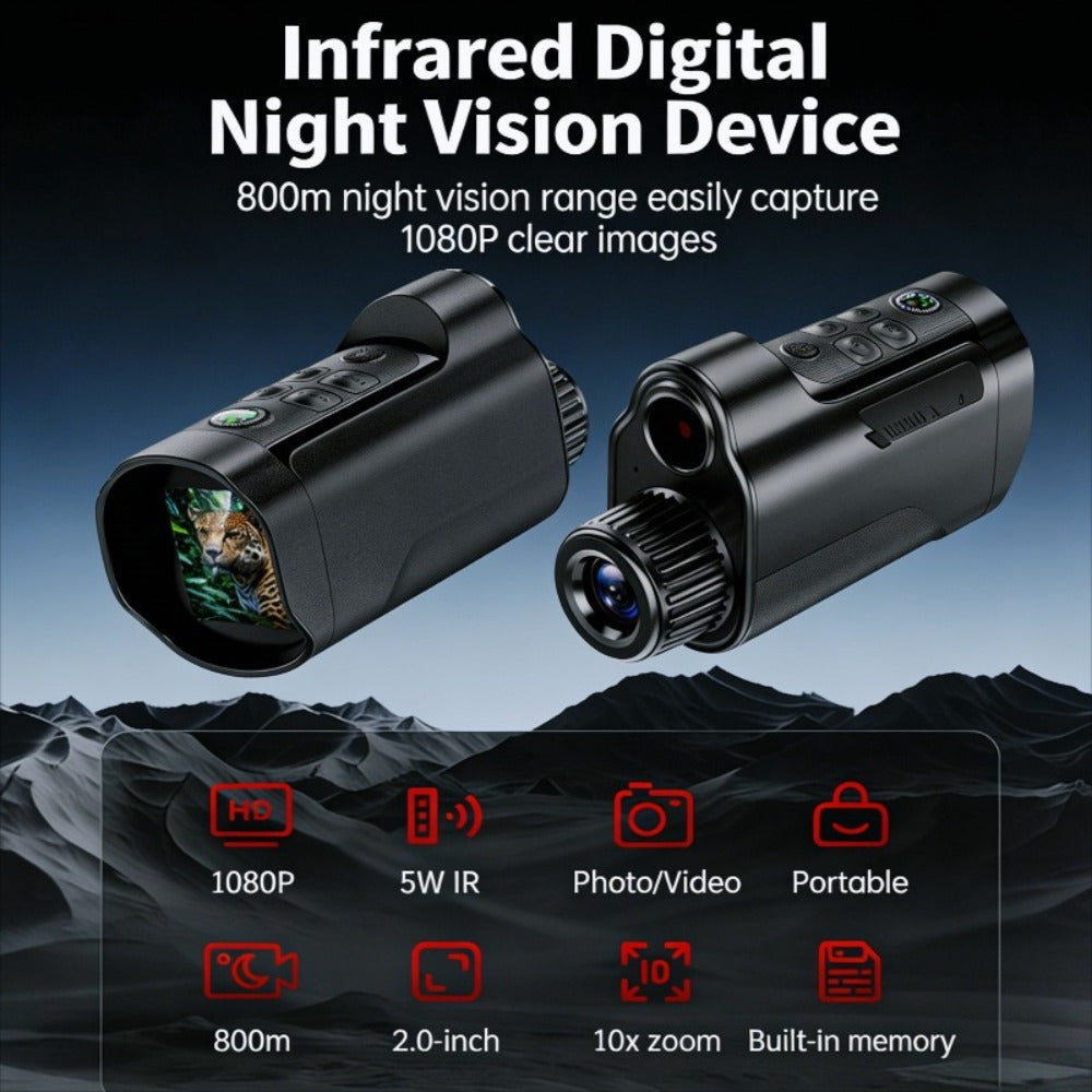 Night Vision Monocular 1080P HD 5W IR 2600FT Range 10X Digital Zoom 2-Inch Screen Handheld Night Vision Scope for Hunting Camping Wildlife Observation Home Security Gift for Men