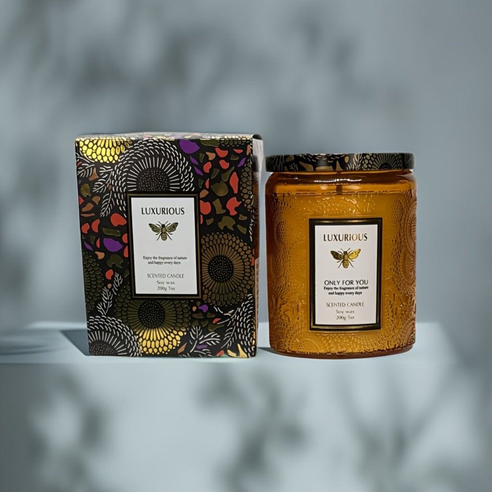 Single-Wick Relief Glass Jar Candle with Seven Scent Labels, Crystal-Style Detail and Boxed Presentation
