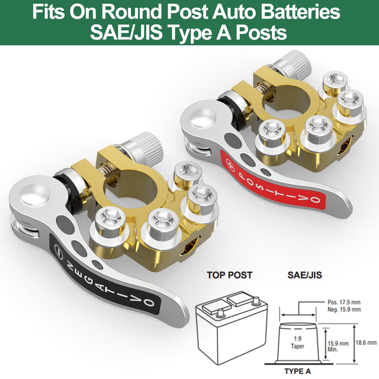 Car Battery Terminal Connectors 4pcs Set – Pure Copper Tin-Plated Quick Release Disconnect, SAE/JIS A Type Positive & Negative Clamps with Stainless Steel Screws, Universal Fit