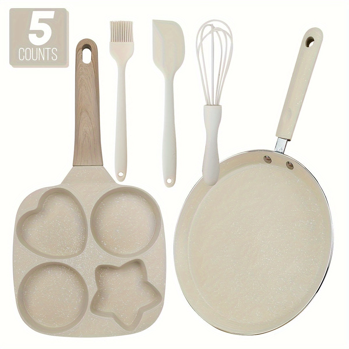 Cookware Set ABKOK 5-Piece Beige Frying Pan, Divided Breakfast Pan, Whisk, Brush and Spatula