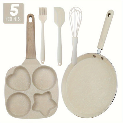 Cookware Set ABKOK 5-Piece Beige Frying Pan, Divided Breakfast Pan, Whisk, Brush and Spatula