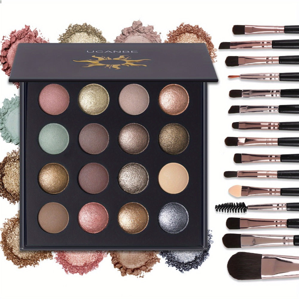 Eyeshadow Palette UCANBE 16-Shade Black Case with Matte-Shimmer-Metallic Mix and 15-Brush Set