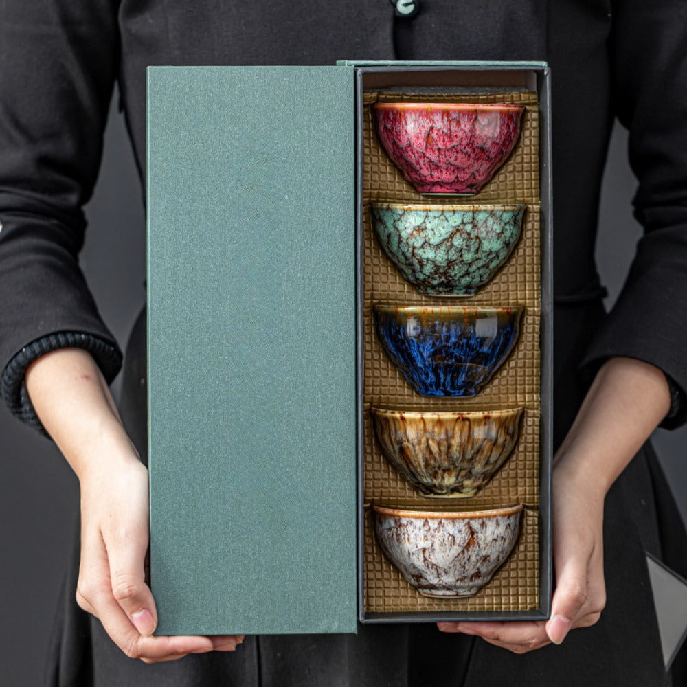 Jianzhan Ceramic Tea Cups Set of 5 – Handmade Kiln-Changed Glazed Kung Fu Teacups, Traditional Chinese Porcelain, Unique Gift for Home Office Business