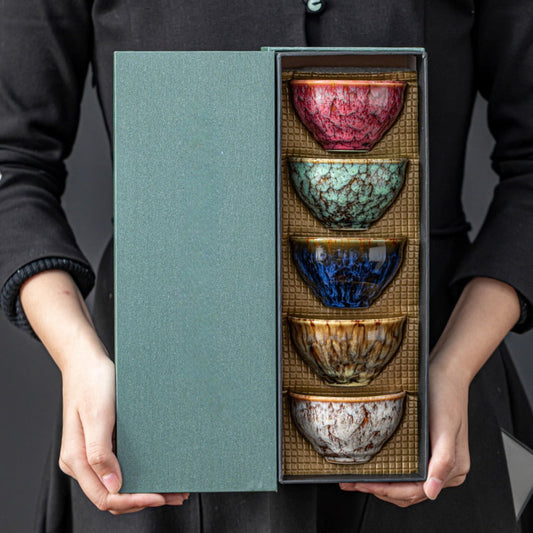 Jianzhan Ceramic Tea Cups Set of 5 – Handmade Kiln-Changed Glazed Kung Fu Teacups, Traditional Chinese Porcelain, Unique Gift for Home Office Business