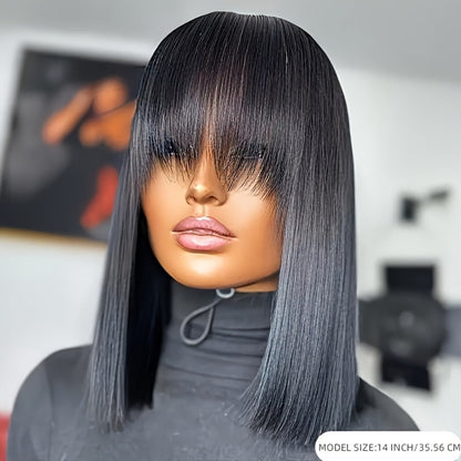 Straight Bob Human Hair Wig with Full Bangs, 250% Density, Rose Net Cap and 10-18 Inch Lengths