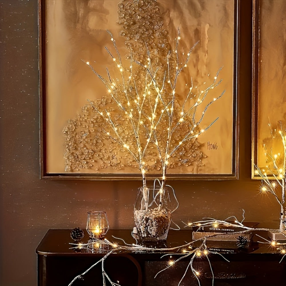 Birch Branch Lights Set of 2, Artificial Luminous Birch Tree Branches with Green Leaves & LED Fairy Lights — Battery Powered Indoor Decor for Christmas, New Year, Home & Reading Nook