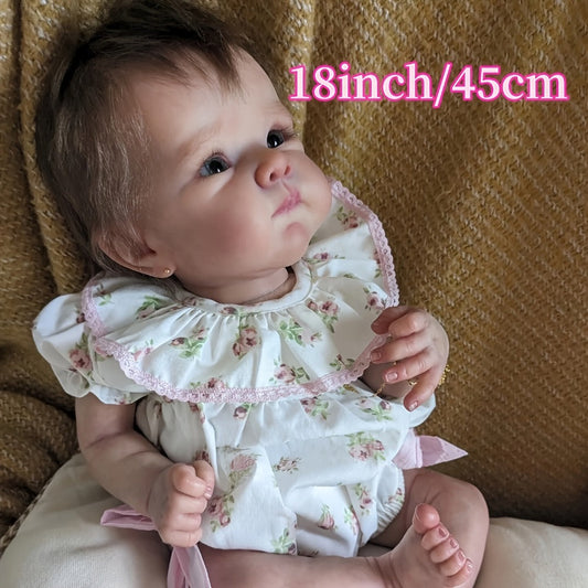 Reborn Baby Doll 18-Inch Cloth Body with Rooted Brown Hair, Open Eyes and One- or Two-Outfit Options