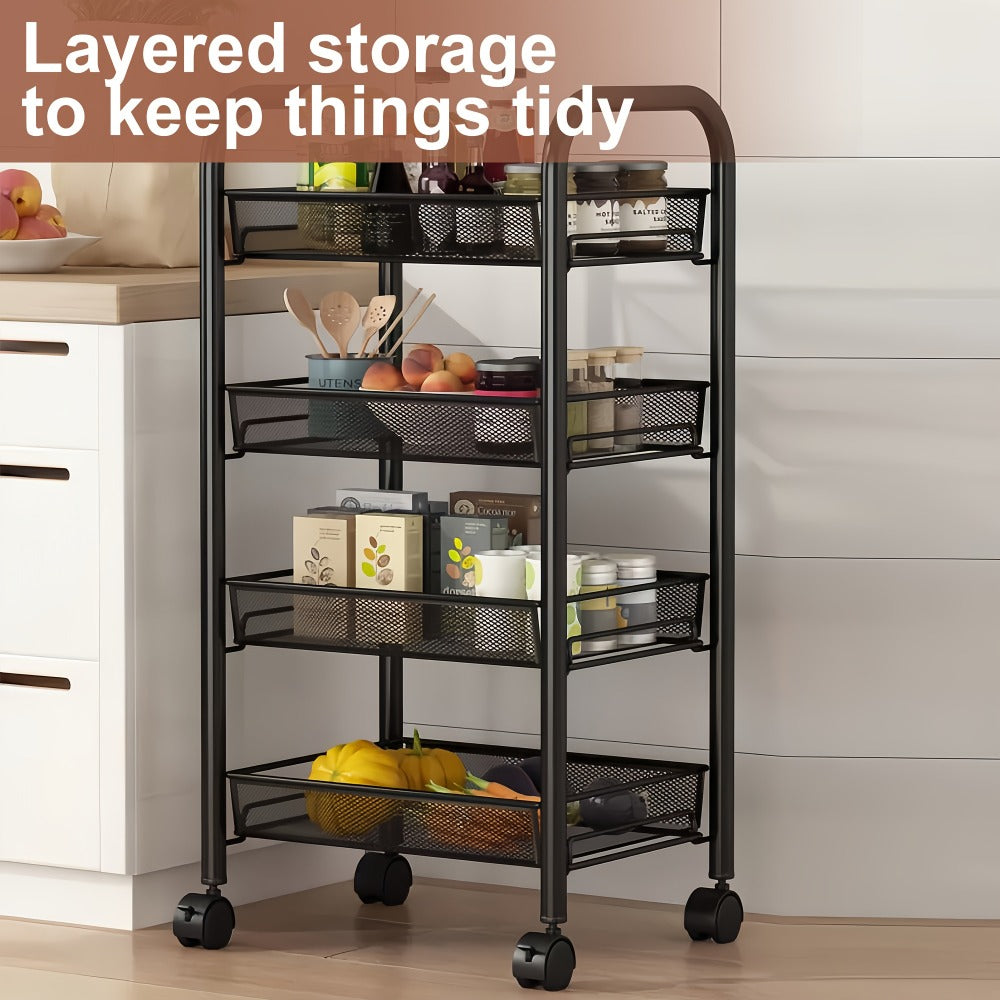 Three-, Four- or Five-Tier Black Carbon Steel Rolling Storage Cart with Detachable Wire Baskets