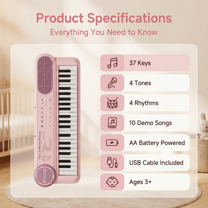 Kids Electronic Keyboard Piano 37 Keys with Microphone, Multi-Function Musical Instrument Toy for Children, Educational Music Gift for Boys & Girls, Birthday Christmas Holiday Gift, Sky Blue, Rose Red, Pink