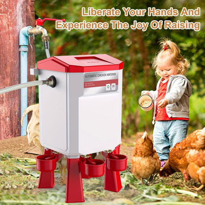 Hose-Connected Automatic Poultry Waterer with Float Valve, Four Cups and Red or Teal Color Options