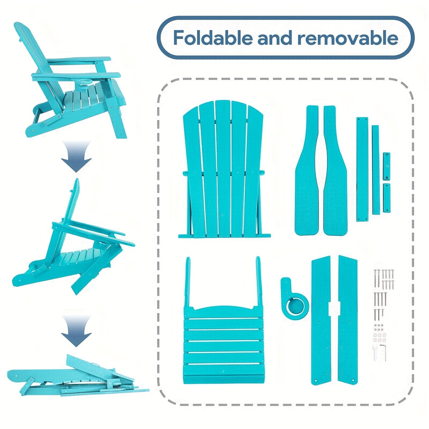 Folding HDPE Adirondack Outdoor Chair with Cup Holder in Four Colors and One-, Two- or Four-Piece Sets