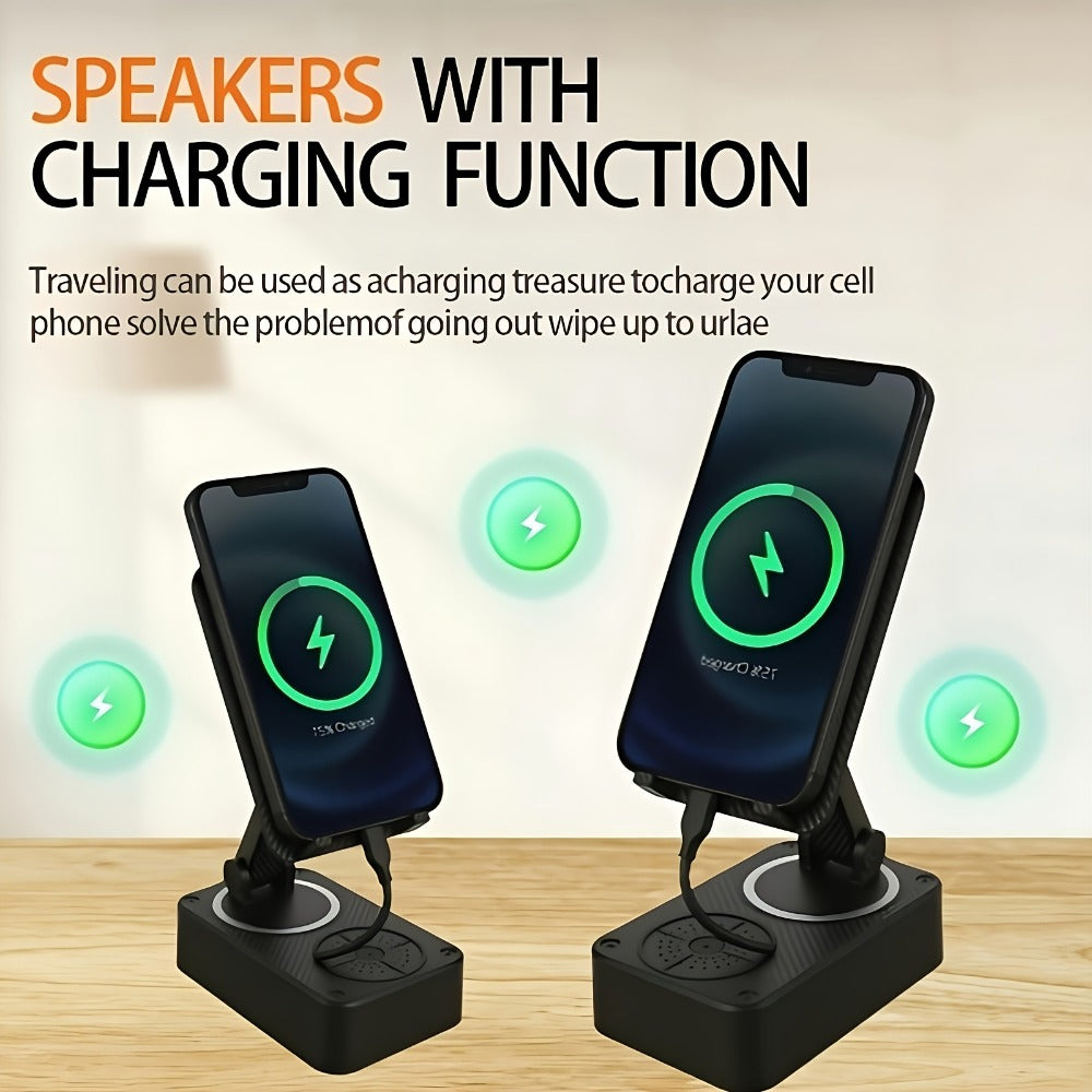 Bluetooth Speaker Phone Holder 5-in-1, 360° Adjustable Tablet Stand with HD Surround Sound, USB Rechargeable Portable Speaker Dock for Smartphones Tablets Home Office Desk