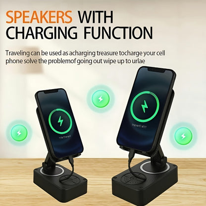 Bluetooth Speaker Phone Holder 5-in-1, 360° Adjustable Tablet Stand with HD Surround Sound, USB Rechargeable Portable Speaker Dock for Smartphones Tablets Home Office Desk