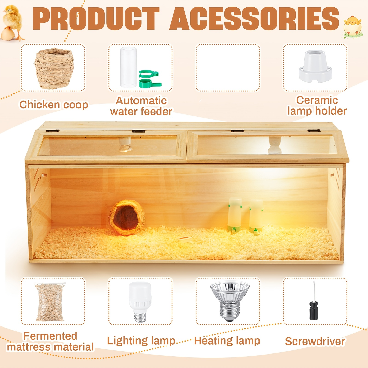 Brooder Box Kit 40x16x16 in for Chicks, Quail & Ducks – Indoor/Outdoor with Leg Stand, Sliding Door, Bulb Set & Feeder for Baby Chickens, Hamsters, Lizards