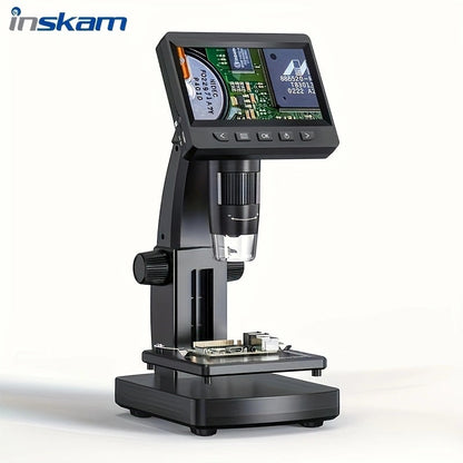 4.3-Inch Digital Microscope in Black or White with Eight LEDs and Compact Stand for Coin and Circuit Board Inspection