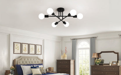 Sputnik Chandelier 6-Light Black Industrial Ceiling Light Fixture Semi Flush Mount for Bedroom Dining Room Living Room Kitchen