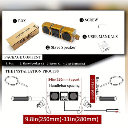 Motorcycle Bluetooth Speaker Sound Bar with Built-in Amplifier – IPX5 Waterproof, FM Radio, USB & AUX Input, 12V Metal MP3 Player for Handlebar, ATV, Scooter & Off-Road Bike