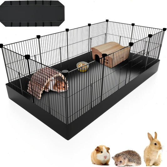 Small Animal Playpen & Guinea Pig Cage – 48'' C&C Cage with PVC Bottom Liner, One-Hand Release Hook & Triple Fixing, Indoor Enclosure for Rabbit, Bunny, Hedgehog