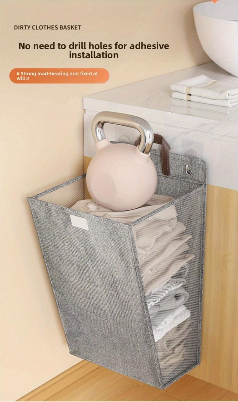 Large Gray Wall-Mounted Foldable Laundry Hamper with Lid for Bedrooms, Bathrooms and Living Rooms