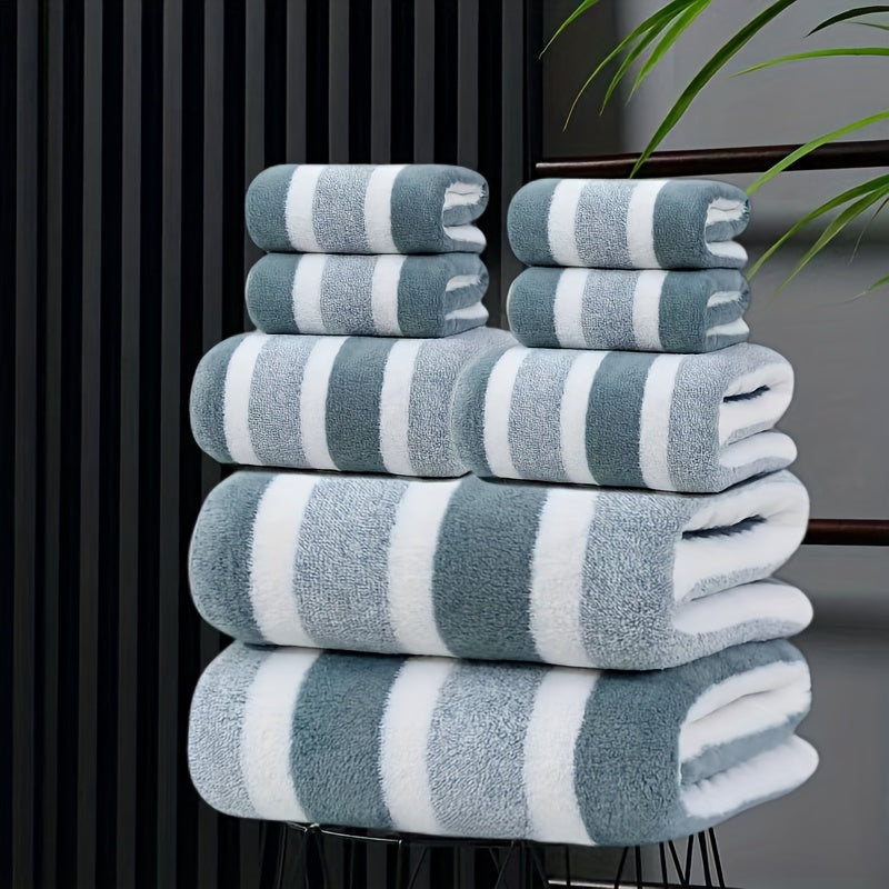Towel Set 8 Piece Two-Color Striped - Super Absorbent Soft No Hair Loss Bath Towel Combo | 2 Bath Towels 2 Face Towels 4 Hand Towels | Grey Red Blue Green | Bathroom Family Hotel Spa Gift Set