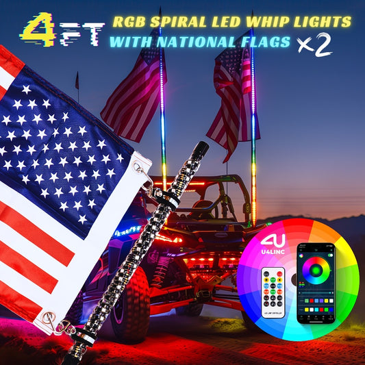 RGB LED Whip Lights for UTV ATV – 1ft/2ft/3ft/4ft Spiral Color Changing Neon Light Whips with Remote & App Control, Music Sync, for RZR SXS Dune Buggy Off-Road Truck (2pcs, No Spring Base)