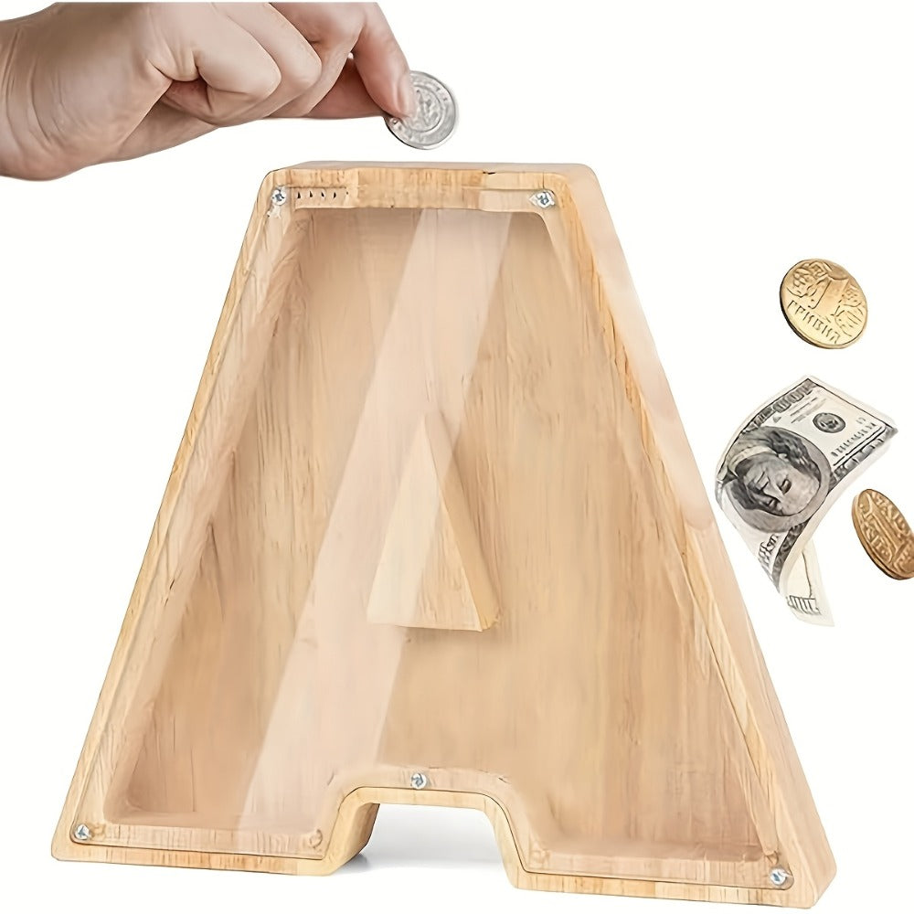 Alphabet Wooden Money Bank with Clear Front Panel, Coin Slot and A-to-Z Letter Options for Adults