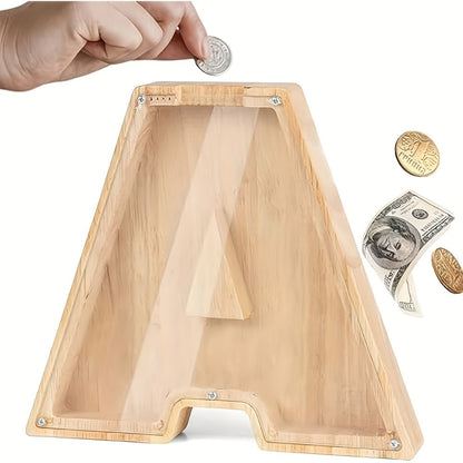 Alphabet Wooden Money Bank with Clear Front Panel, Coin Slot and A-to-Z Letter Options for Adults