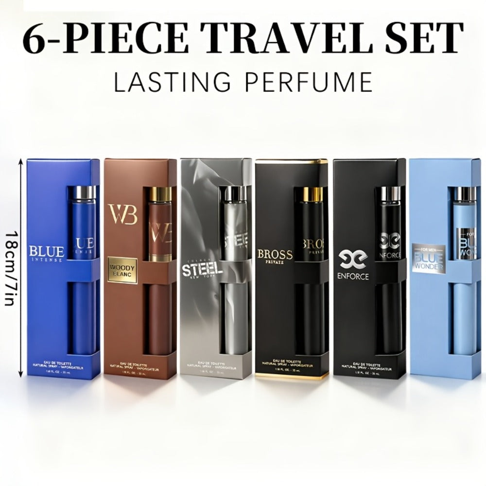 Travel Cologne Gift Set for Men – 6-Piece Mini EDP Spray Sampler, Long Lasting Unique Scents, TSA-Friendly Travel Size, Holiday Dating Gift for Him