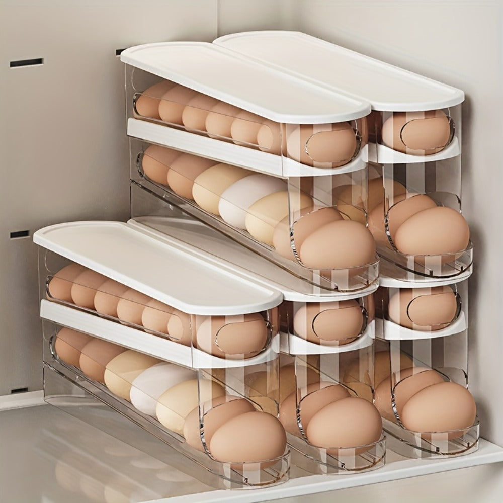 White Double-Layer Rolling Egg Dispenser with 38.2 cm Length for Refrigerator Shelf Storage