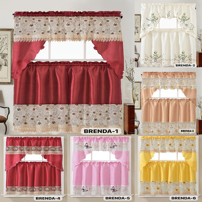 Three-Piece Patterned Kitchen Curtain Set with One Valance, Two Tiers and Forty-Six Exact Design Options