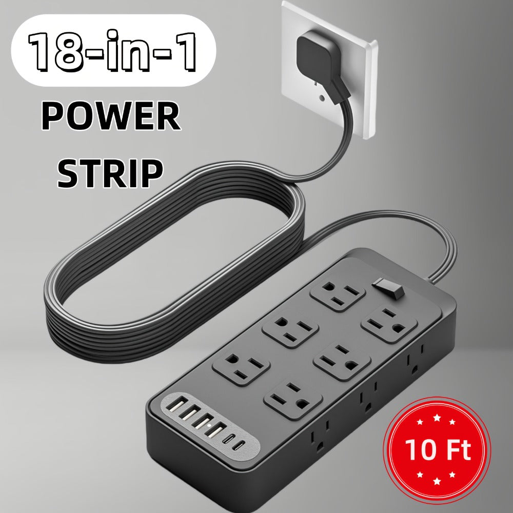 Power Strip 18-in-1 with 12 AC Outlets, 6 USB Ports, Master Switch and 5- or 10-Foot Cord Options