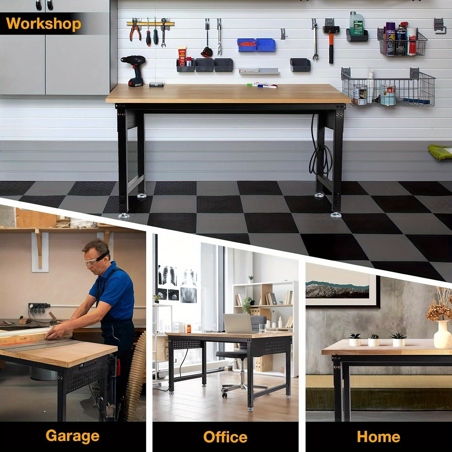 Adjustable 28–40-Inch Wood-Top Workbench in 60- or 96-Inch Widths with Pegboard, Wheels and Power Strip
