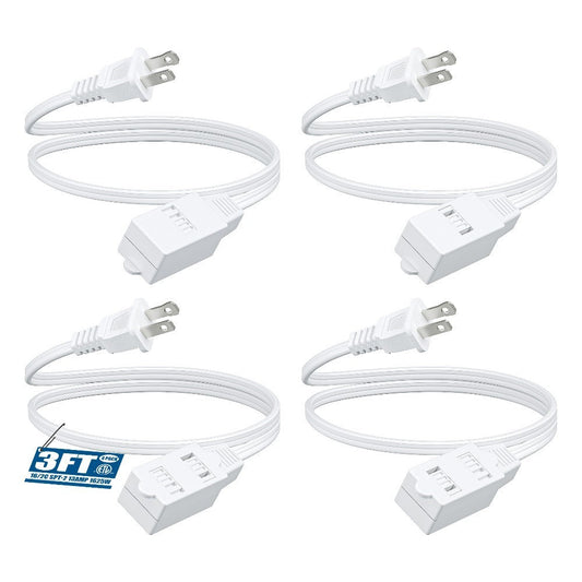 Extension Cord 4 Pack 3FT 3-in-1 Outlet 2 Prong Plugs 16AWG SPT-2 Cable Twist-Lock Safety Cover 13A 125V for Home Office Workshop Indoor Use White