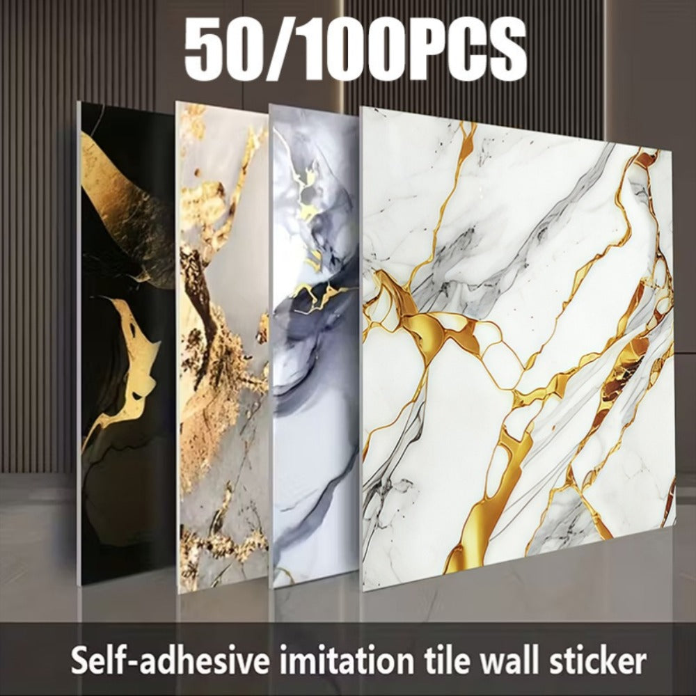 Marble Gold-Vein Wall Tile Sticker Set with 30 cm Panels, Four Colors and 50- or 100-Piece Packs